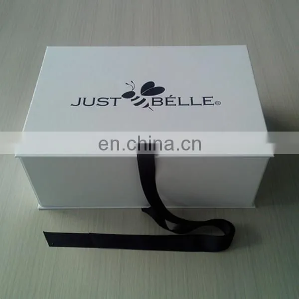 Large Size Folding White Cardboard Boxes Flat Pack With Logo Black Stamping Ribbon Closure For Handbag Luxury Packing photo-5