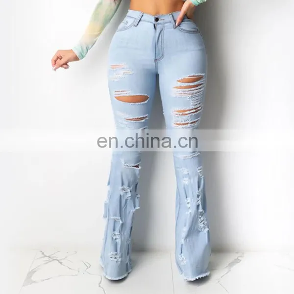 LAITE TR2012 Wholesales Custom New Fashion Broken Hole Straight Edge Women Casual Flare Jeans photo-5
