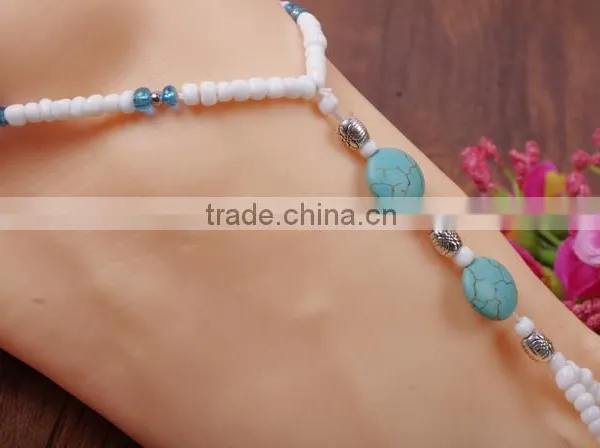 Gemstone Turquoise Beads Pearl Barefoot Beach Sandals Bridal Diamante Anklet photo-3