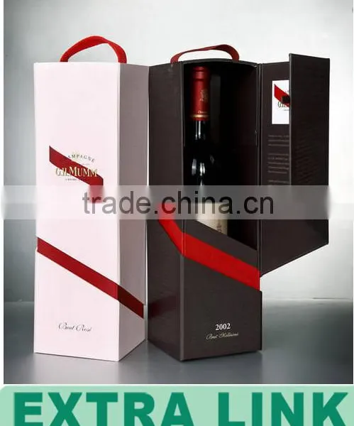 Side Open Paper Wine Box One Bottle Wine Packaging With Red Ribbon Handle