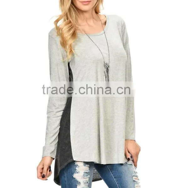 Women Fashion Long Sleeve Heather Gray Charcoal Color Block Hi-Low Tunic Tops Blouses Wholesale photo-2