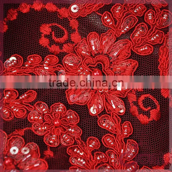 Red Floral Tulle Embroidery With Cord Lace,sparkle Beaded Sequin Lace Fabric for Wedding photo-6