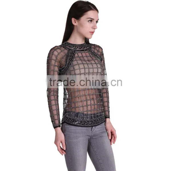 Domin Fashion Wholesale Beading Design Ladies Tops Images photo-4