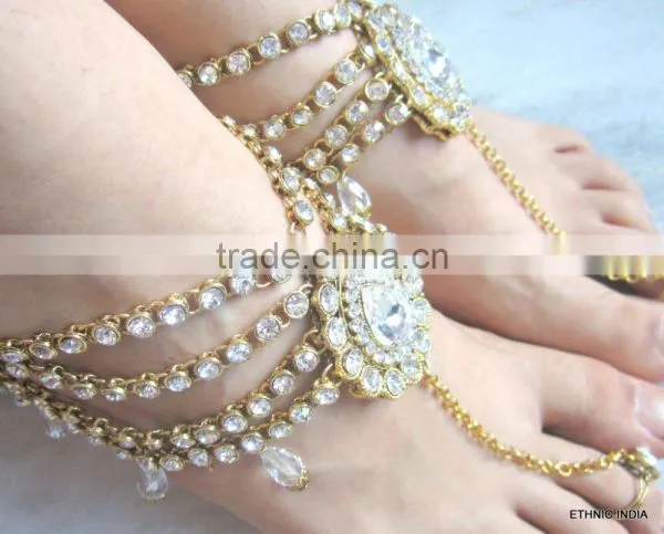 GOLD Tone Crystal PAYAL Anklets Pair With Toe Ring Barefoot Sandal photo-3