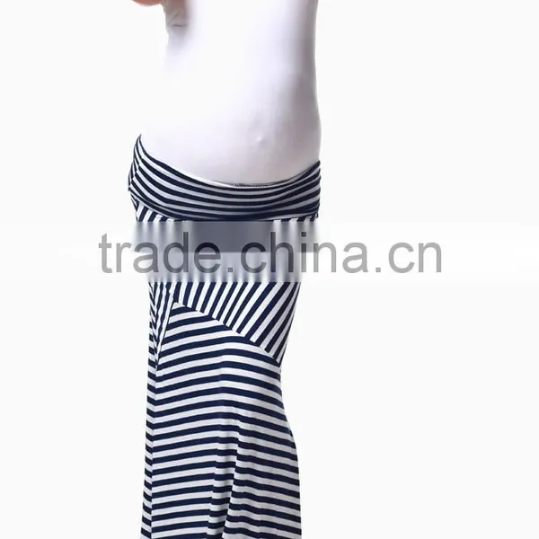Fold Over Waistband Navy Blue White Print Maternity Long Skirts photo-3