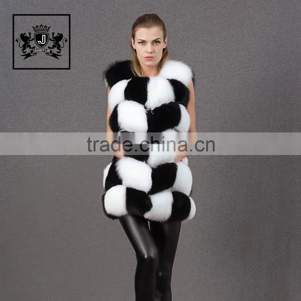 Beautiful Black White Color Fur Hand Sewing Long Fur Vest Women Real Fox Fur Gillets photo-2