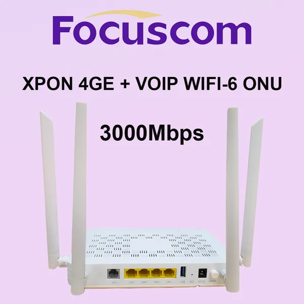 AX3000 WiFi 6 GPON ONU 4GE+1VoIP+USB 3.0 Dual Band 160MHz Gigabit ONT High-Speed Router with 4*5dBi Antennas for FTTH Solution Focuscom FC3104X