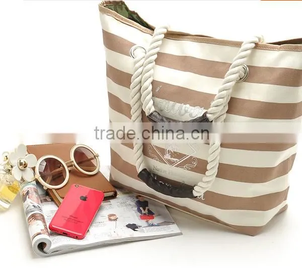Wholesale Crossstripe Canvas Beach Tote Bag;Banded Striped Beach Town Tote Bag With Rope Handles