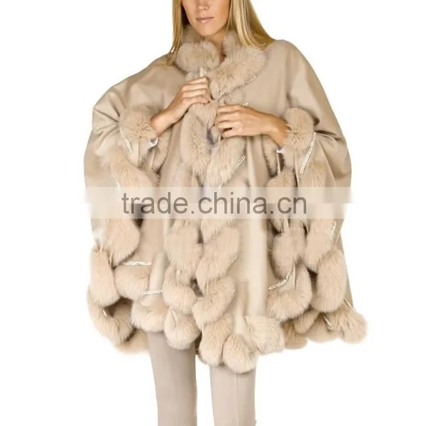 Genuine Fox Fur Trim Long Cashmere Cape With Twist Fur Trim