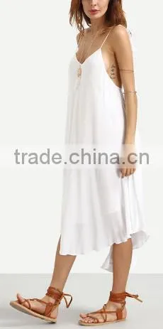 2016 Beach Wear White Spaghetti Strap Tassel Backless Sleeveless V Neck Asymmetrical High Low Midi Dress photo-4