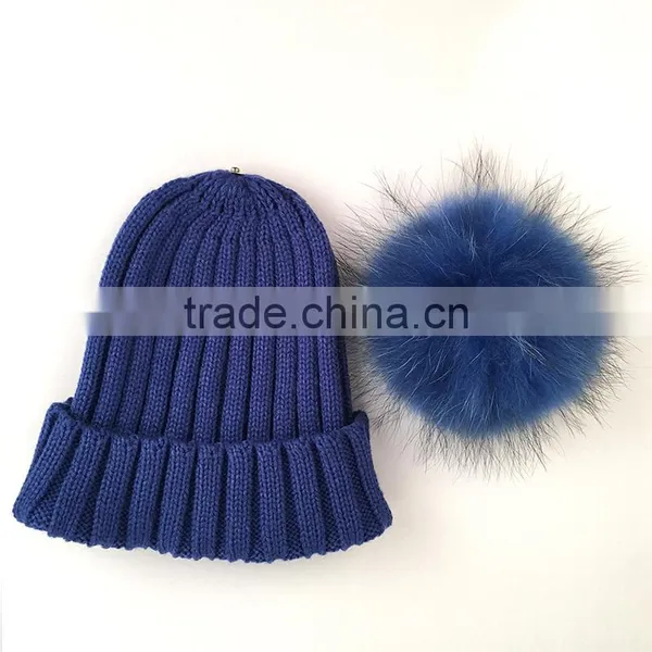 Myfur Winter Warm Couple Hat With Genuine Raccoon Fur Bobble Knit Hat photo-3