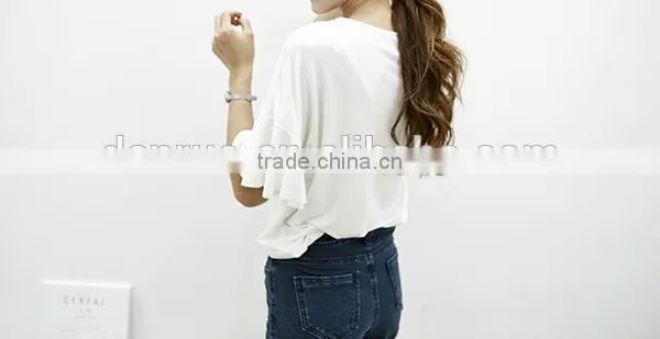 Summer 2017 Han Edition Round Neckline Necklace Lotus Leaf Sleeve Loose Pure Color Short Sleeve T-shirt Bertha photo-2