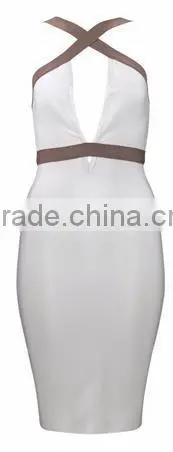 Summer Dress in Stock Wholesale 2015 New White Sey Classic and Elegant Bodycon Deep V Neck Women Cute Summer Evening Party Banda