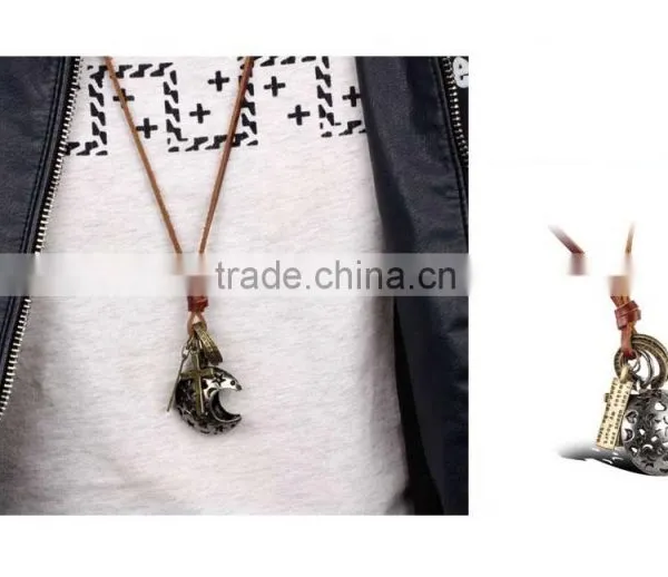 Antique Jewelry Catholic Religious Items Bronze Moon Necklace With Geneuine Leather Chain photo-5