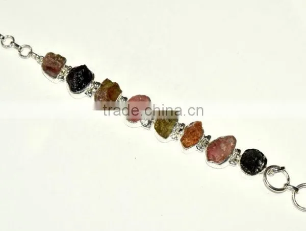Raw Tourmaline Natural Gemstones 925 Sterling Silver Bracelet