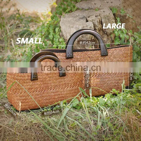2016 Summer Style Vintage Wood Handles Fashion Big Size Luxury Handbags Women Bags Designer Totes Woven Straw Bag Beach Bag photo-2