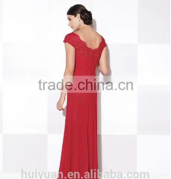Elegant Chiffon Lace Cap Sleeve Deep v Neck Mother Dress Prom Dress Patterns photo-3