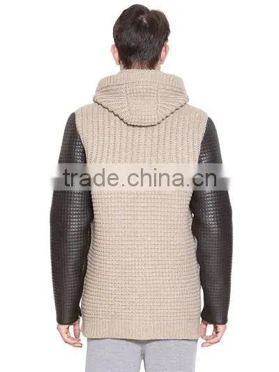Men Hoodie Knitted Cardigan Leather Sleeve Wool Sweater Coat photo-3