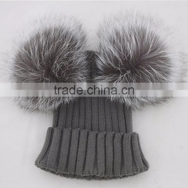 Myfur Light Grey Wool Turn Up Beanie Cap With Removable Silver Fox Fur Balls photo-2