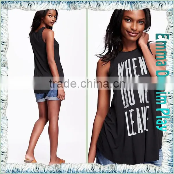 Latest Design Girls Words Printed Round Neck Sleeveless Grey Cotton Tank T Shirt photo-3