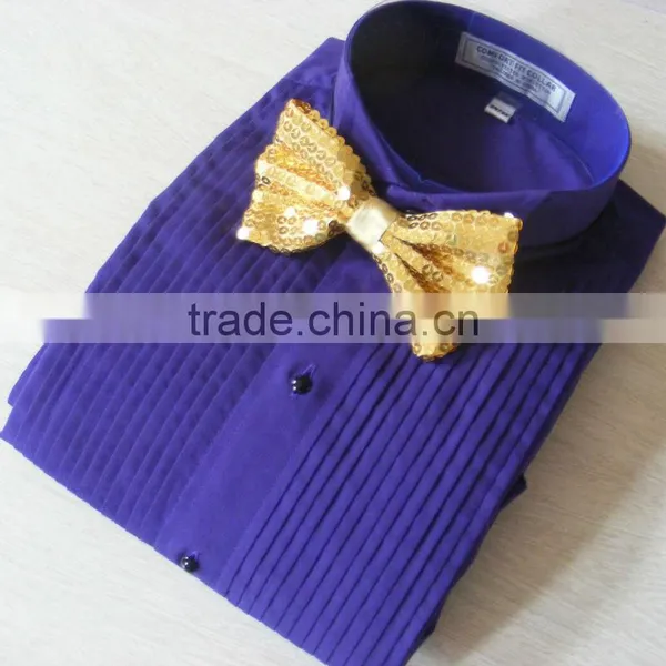 2016 Men's Purple Wing Collar Tuxedo Shirt With Golden Bowtie photo-2