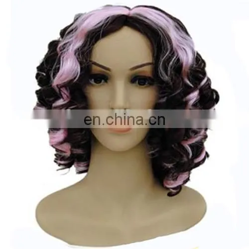 MCW-0379 Party Masquerade Synthetic Short Women Hot Curly Black and Pink Wig