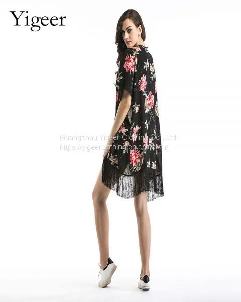 Floral Printed Fringing Hem Open Casual Chiffon Dress photo-4