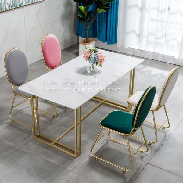 Modern Marble Top Golden Chrome Leg Long Dining Table for Restaurant photo-3