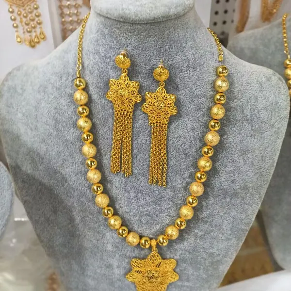 Jordan Trendy Gold Jewelry Set, Copper Material Necklace Earrings Ring Set for Bridal, Wholesale from 12 Sets.