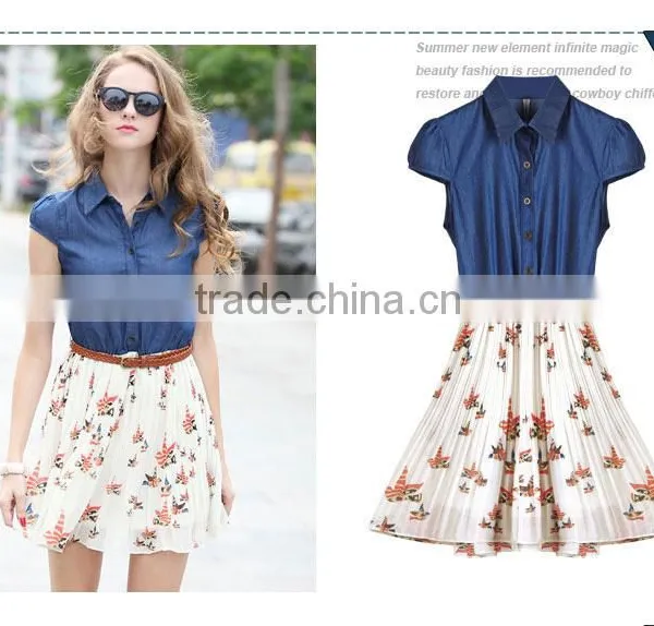 2015 New Arrival New Style Fashion Women Real Comfort Clothing Denim Matching Printing is One-piece Chiffon Dresses East photo-4