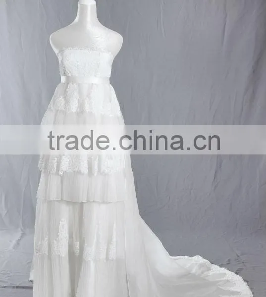 Strapless Empire Waist Tiered Lace & Pleated Silk Organza A-line Maternity Gown 2013 With Detachable Chapel Train WY0039-1