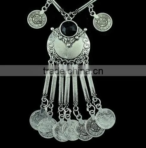 2016 New Fashion Gypsy Bohemian Boho Jewelry Antique Silver Tassels Long Carving Coins Necklace For Women photo-5