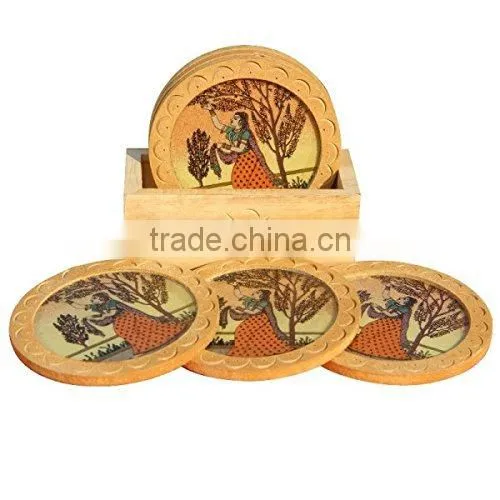 Rich Art And Craft Wooden Handicraft Gem Stonne Painting Print Tea Coaster