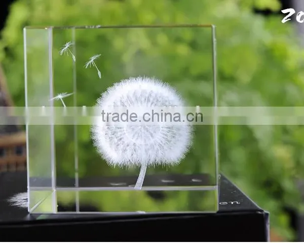 Desktop 3D k9 Crystal Glass Cube With Dandelion Figurines Inside For Souvenir Gifts photo-3