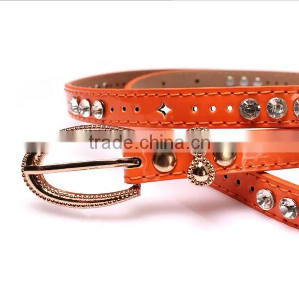 Fashion Rhinestone Decorated Pin Buckle Sex Girl Thin Orange PU Waist Belt photo-3