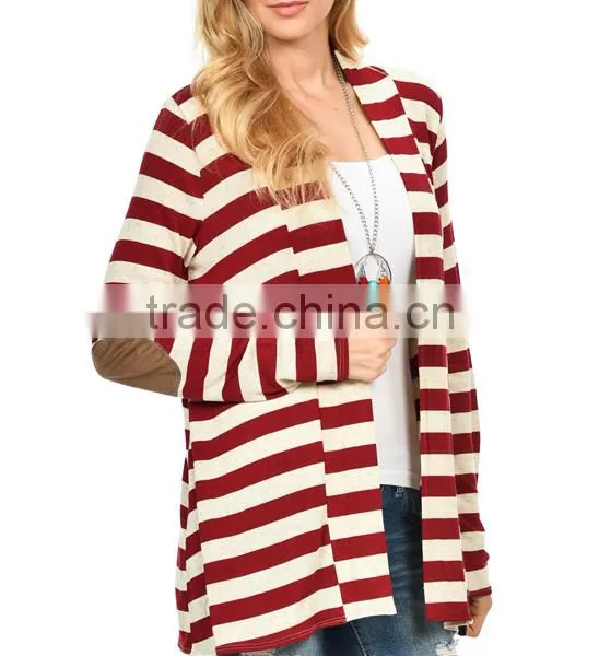 OEM Latest Designs Multi-color Women Fashion Stripe Elbow-Patch Open Front Cardigan Sweaters photo-2
