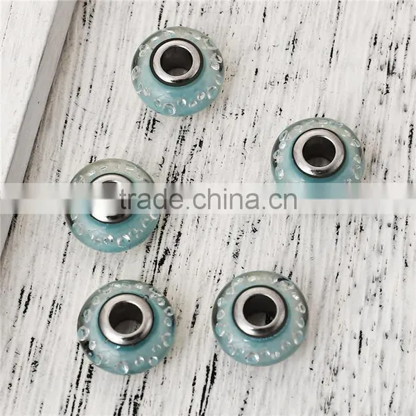 Lampwork Glass&Cubic Zirconia European Style Large Hole Charm Beads Round Green Blue Clear W/ Stainless Steel Silver Tone Core photo-3