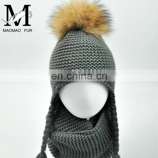 Kids Customized Design Wool Collar Raccoon Fur Pom Cashmere Knitted Hat and Scarf photo-4