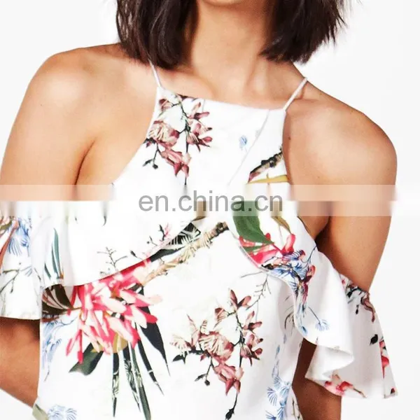 Summer Beach Print Floral Cold Shoulder Women Mini Skater Dress photo-4