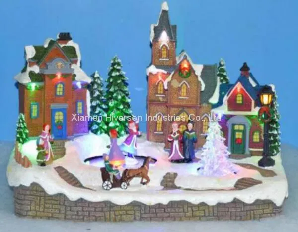 Polyresin Christmas Decoration 12''Led Village Scene With Moving Skating and Crystal Tree, Eight Songs Music