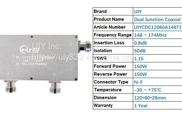 UIY RF Components 4 Ports 150W 148-174MHz N-F Dual Junction Coaxial Circulator