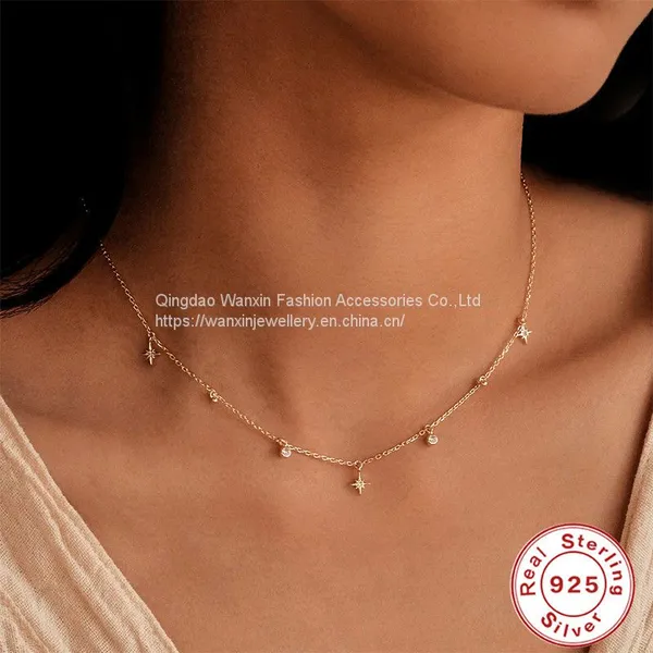 S925 Sterling Silver Octagonal Star Shaped Pearl Collarbone Necklace photo-5
