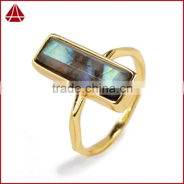 Natural Faceted Rectangle Labradorite Gemstone Set Into a 18k Gold Bezel Ring photo-5