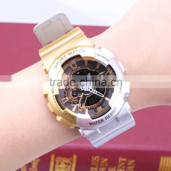 Sanda Men's Teens Sports Watch Water Shock Resist Dual Time Analog Digital LED Light Wristwatch - Gold/Silver photo-5