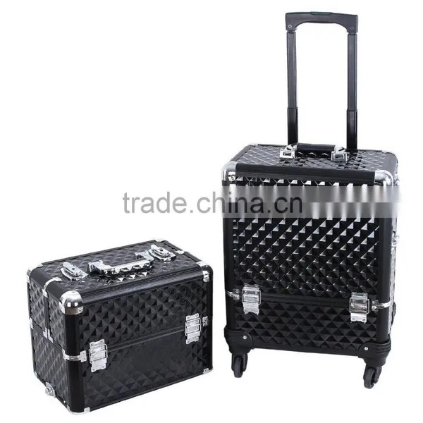 Aluminum Rolling Makeup Case 2 in 1 Cosmetic Artist Train Case Beauty Salon Organizer 4 Wheels Lift Handle photo-5