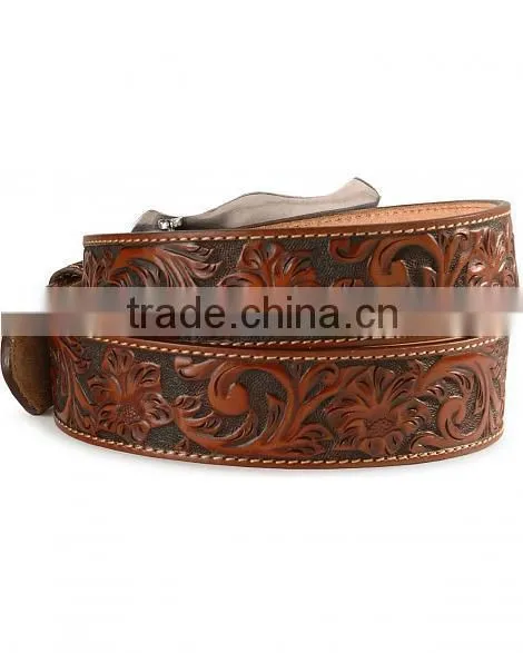 Western Cowboy Style Floral Emboss Black Genuine Leather Longhorn Buckle Belt photo-4