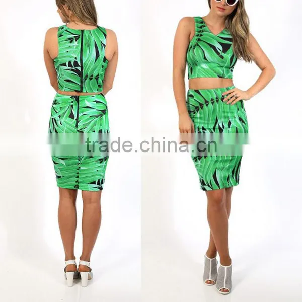 Slight Stretch and a Bright Green Leaf Print Ladies Crop Top and Skirt Set