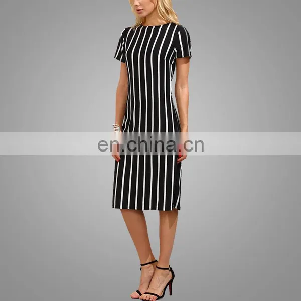 Elegant White and Black Vertical Striped Dress Short Sleeves Midi Dress photo-2