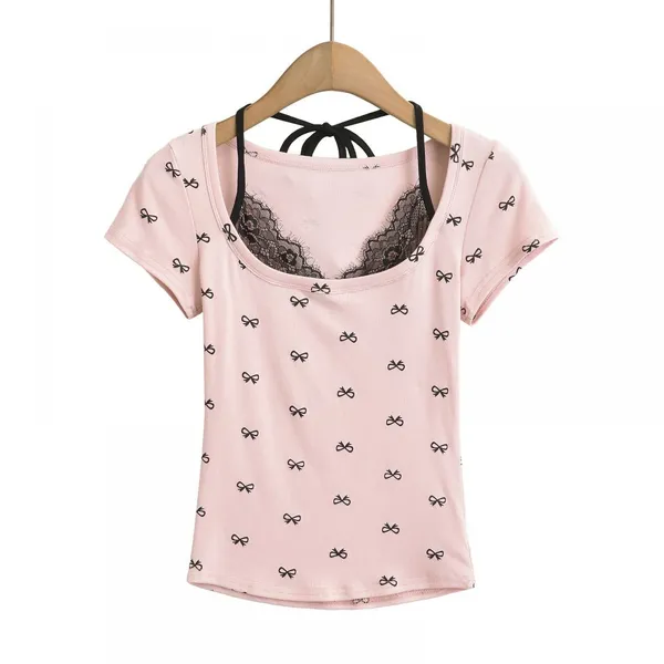 French-style Casual T-shirt With Floral Lace Trim and Bow Detailing, Featuring a Strapless Design and Short Sleeves. photo-3