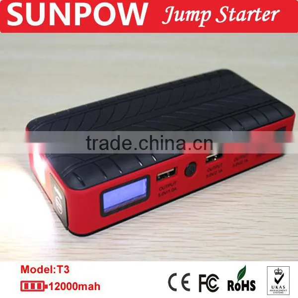 Sunpow 12000mAh Triple Usb 12v Car Jump Starter Mini Mobile Power Bank Booster With Air Compressor photo-2